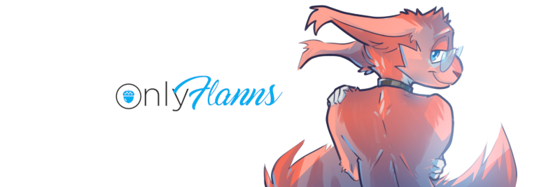 A bust picture of my fursona drawn by Kiaun.
They are topless with their back to the viewer, hugging themself and looking at the viewer over their shoulder.
Next to them is a logo that says 'Only Flanns'